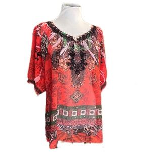 Lane Bryant peasant boho Blouse Embroidered sheer 14/16W hippie brown orange 1X